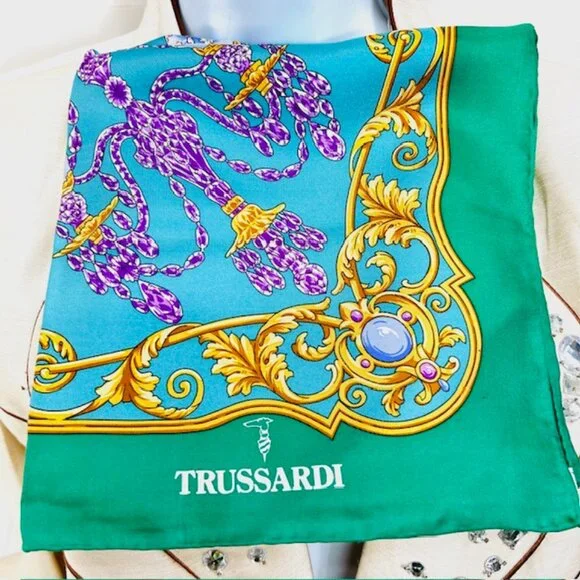 Unused TRUSSARDI 100% SILK Lg SCARF 34" Teal Green Gold Glass Purple (40 - Picture 2 of 13